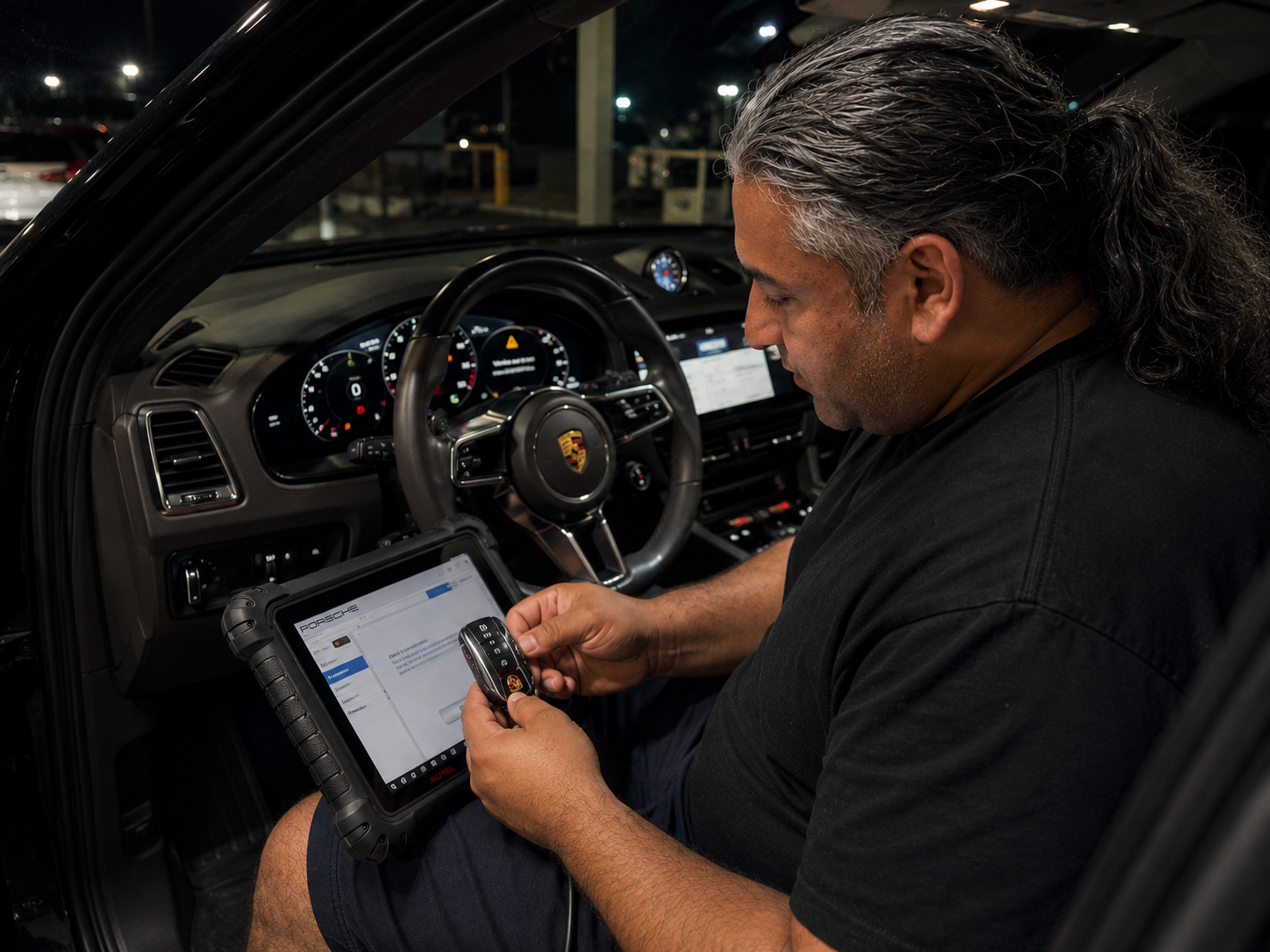 Automotive locksmith with Land Rover key programming equipment